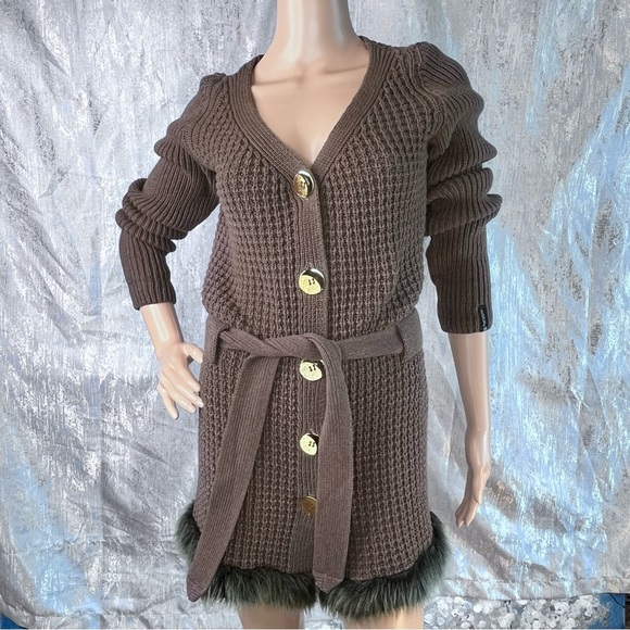Anselmi Brown Button-Up Belted Women Sweater Medium Faux Fur Hem - Picture 5 of 16